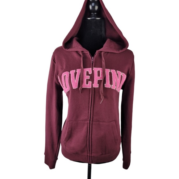 Pink Victoria’s Secret Burgundy Full Zip Fleece lined Hooded sweatshirt size M - Picture 1 of 14